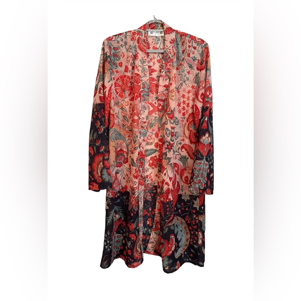 INKA Kimono Duster Sheer Poly Boho Asian Vibe Long Sleeved Cool Colors Size S/M